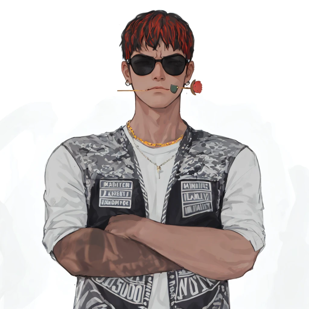 (masterpiece:1.2, best quality), (1men, solo, upper body:1.2),angry face,Hair: buzz cut, Clothing: oversized, distressed denim jacket with patches and pins, paired with black skinny jeans and combat boots, Hanging out in an underground music venue or street art exhibit