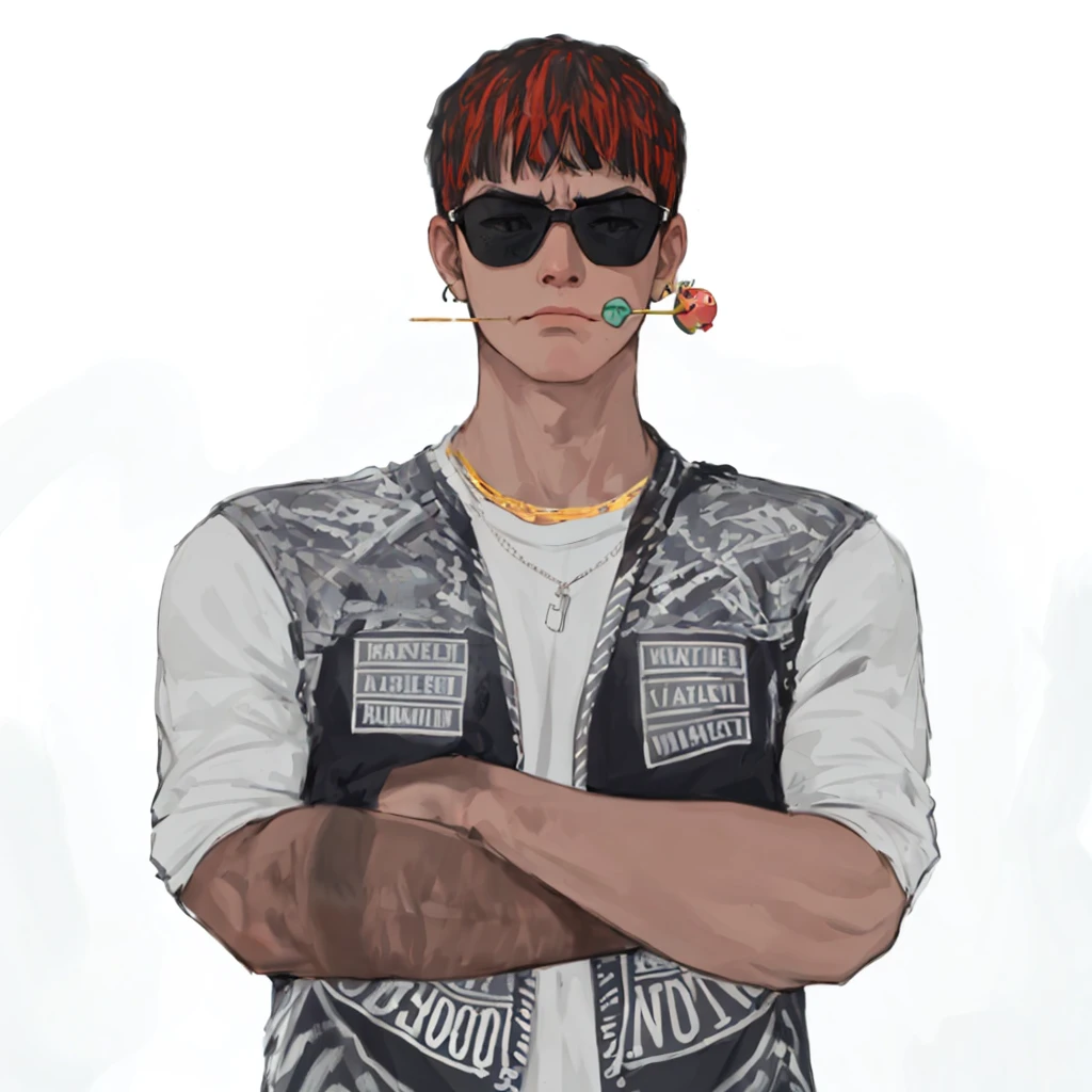 (masterpiece:1.2, best quality), (1men, solo, upper body:1.2),angry face,Hair: buzz cut, Clothing: oversized, distressed denim jacket with patches and pins, paired with black skinny jeans and combat boots, Hanging out in an underground music venue or street art exhibit
