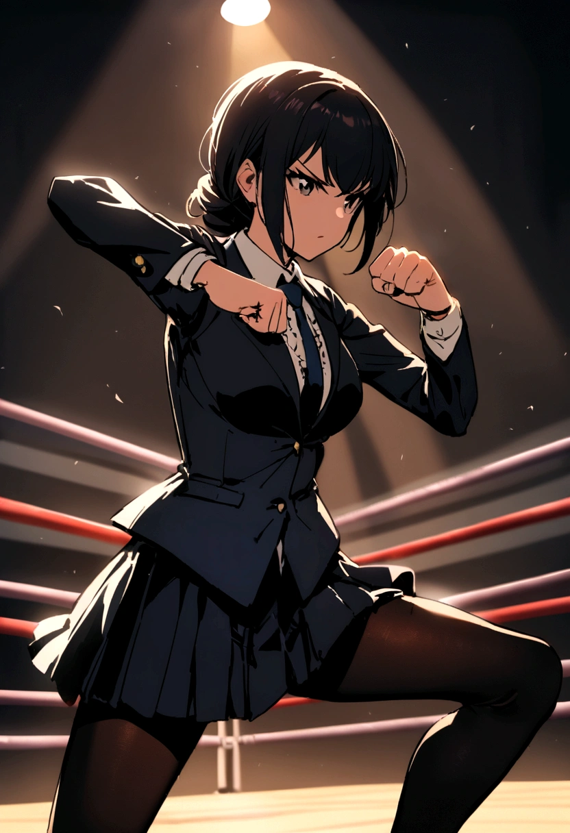 Female wearing suit and tie intense fighting in boxing ring, black suit, (three-piece suit), skirt suit, necktie, bodycon miniskirt, pantyhose, waistcoat, dynamic lighting, in the dark, deep shadow, low key, cowboy shot full-lenght body,fight stance, taunting, winning pose, preppy style, powerfull fight stance, focus, she win the fight pose, professional fighter fight stance, domination fight, avoiding punch
