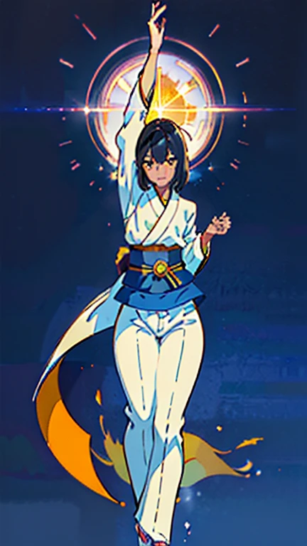 masterpiece, best quality, ((dark skin)), short hair, yellow eyes, black hair, beautiful girl smiling, thin, full body, tall girl, ((white fighter kimono with blue belt and white pants)), ((kawaii)), ((cute)), (small-breasts:0.5), ((short chest)), ((big butt)), ((wide thigh)), fighting pose, (Ultra High Resolution: 1.2), (RAW Photo: 1.2)
