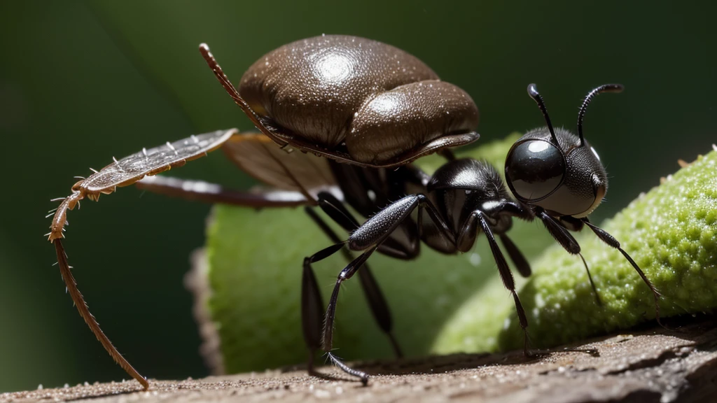 A Pixar animation style image of an ant. The ant should be anthropomorphic with large, expressive eyes, a cheerful smile, and a friendly demeanor. It should have a shiny, black body with detailed, segmented legs and antennae. The background should be vibrant and colorful, resembling a lush garden with flowers, leaves, and tiny mushrooms. The scene should be bright and whimsical, with the ant possibly interacting with other small insects or exploring its environment.