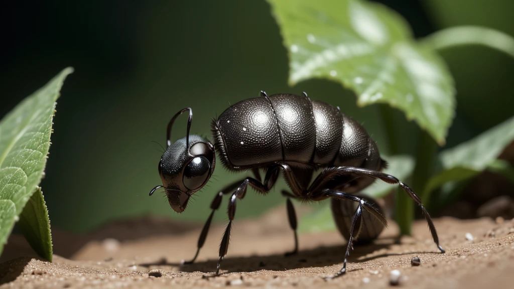  A Pixar animation style image of an ant. The ant should be anthropomorphic with large, expressive eyes, a cheerful smile, and a friendly demeanor. It should have a shiny, black body with detailed, segmented legs and antennae. The background should be vibrant and colorful, resembling a lush garden with flowers, leaves, and tiny mushrooms. The scene should be bright and whimsical, with the ant possibly interacting with other small insects or exploring its environment.