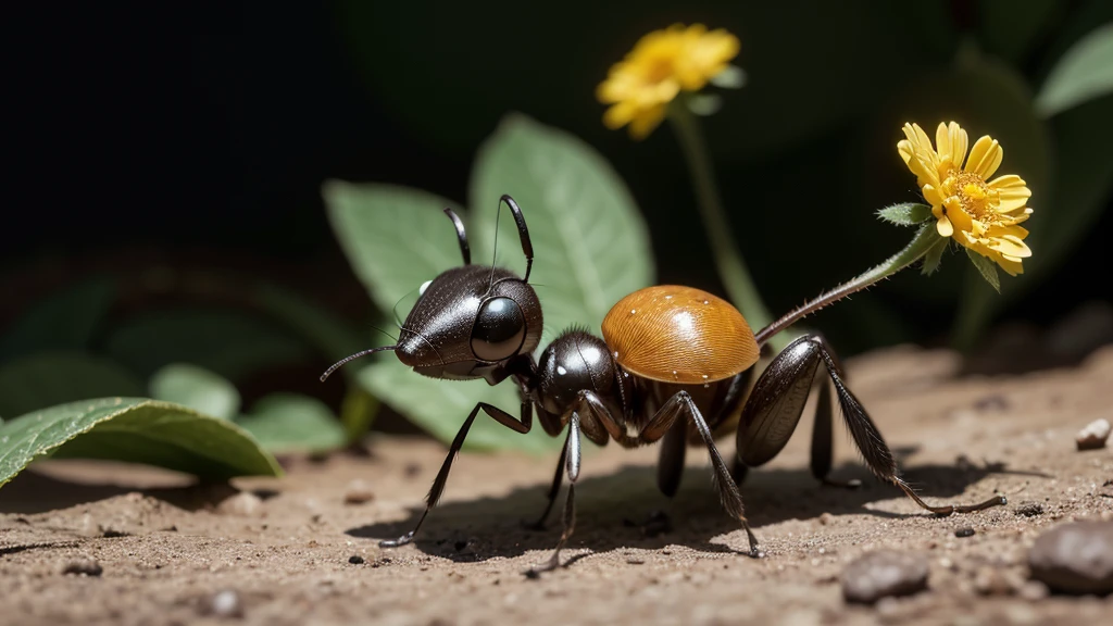 A Pixar animation style image of an ant. The ant should be anthropomorphic with large, expressive eyes, a cheerful smile, and a friendly demeanor. It should have a shiny, black body with detailed, segmented legs and antennae. The background should be vibrant and colorful, resembling a lush garden with flowers, leaves, and tiny mushrooms. The scene should be bright and whimsical, with the ant possibly interacting with other small insects or exploring its environment.
