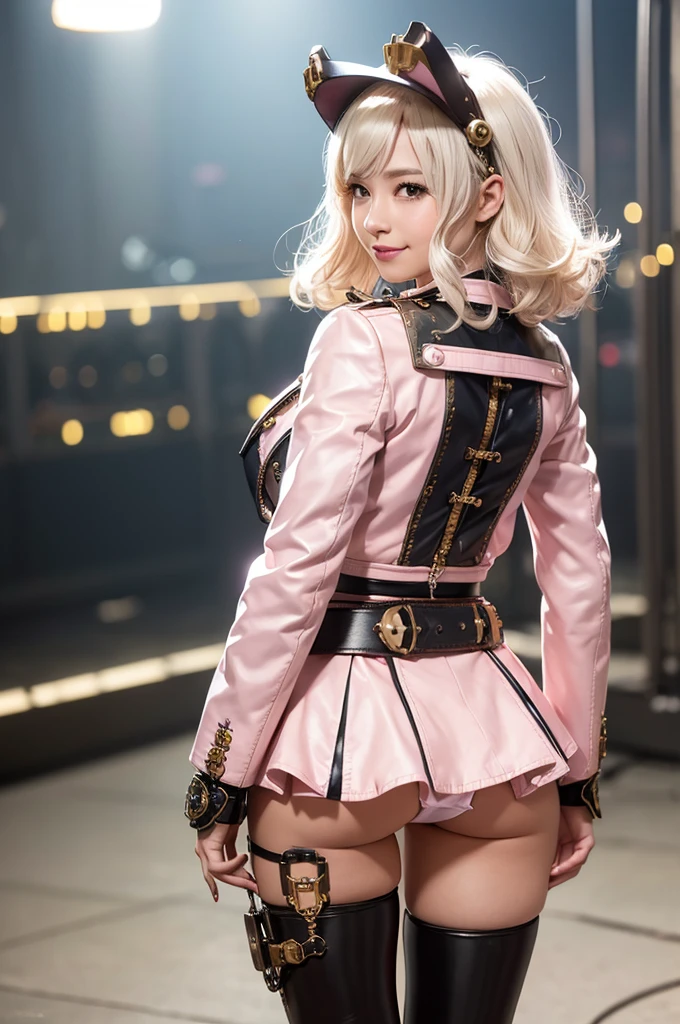 Woman portrait、Highest quality、Rear view、8K,Detailed face, clear, Fine skin、Clear, beautiful eyes、whole body、(Curly Hair)、My hair was messed up by the wind、The beauty of a smile、(Big Breasts、Muscular),(Hip_superior, Hip superior), Mature Woman,( Watching the audience),Realistic, High resolution, Soft Light,1 female, alone, Hipアップ, Glowing Skin, (Detailed face), Sexy smile, Perfect Style, Perfect balance,Platinum gold hair,short hair,Naughty look,((Steampunk Pirates costume)),(Pink mech、Steampunk gothic ta, High-tech Mecha,Beautiful steampunk cyborg woman,Steampunk Mecha Cyborg Girl,Pink steampunk pink and white jacket,wrist cuffs,Short tie,Gemstone Helmet,Gemstone Belt,fake animal ear、Miniskirt),((arms behind back)),(bokeh),(studio lighting)