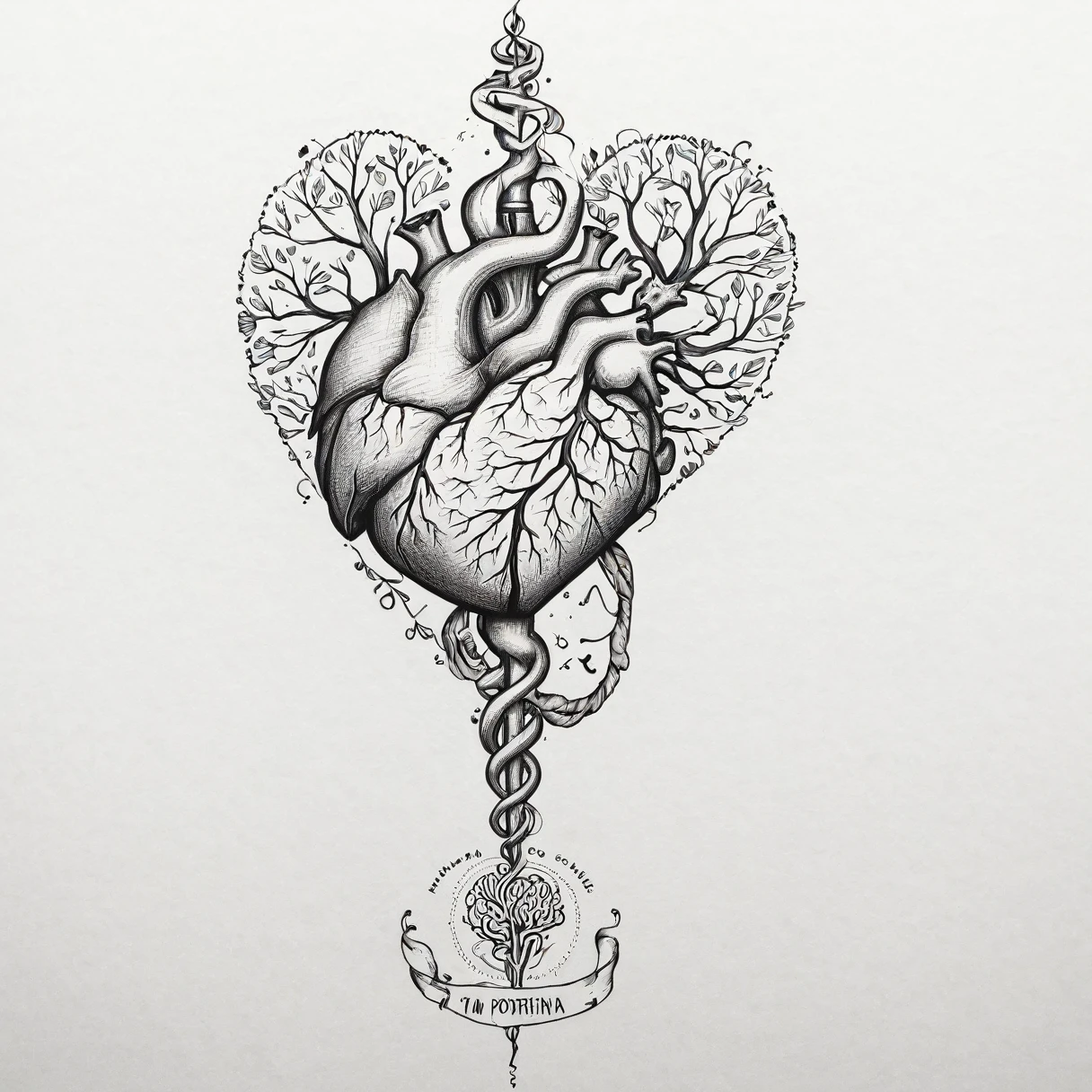 Draw a tattoo design featuring a human figure in a yoga pose, with an anatomical heart and brain floating alongside the body. A frase 'I'm doing everything I can' pode ser escrita em uma espiral ao redor da figura, symbolizing effort, balance and harmony, with subtle and elegant features."