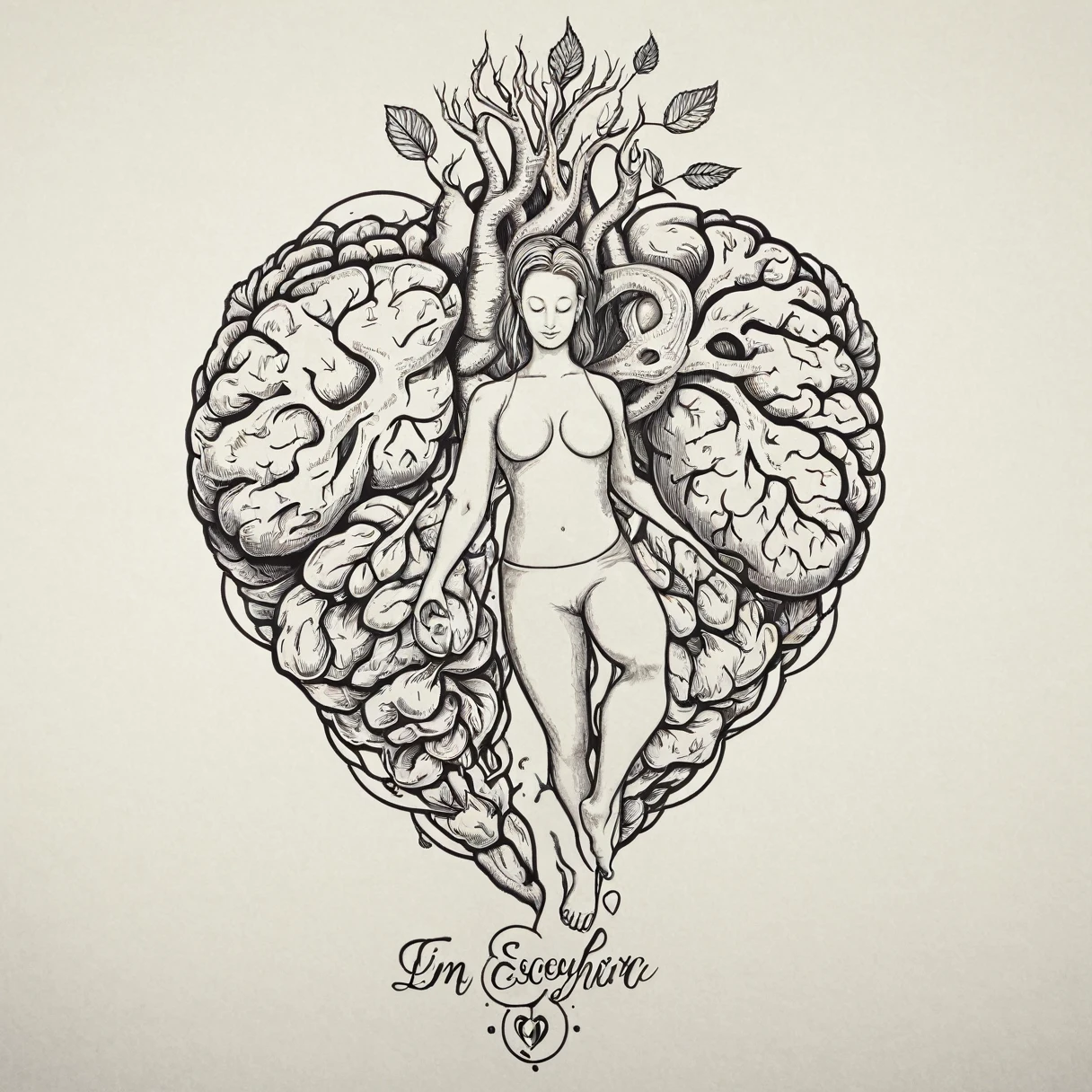 Draw a tattoo design featuring a human figure in a yoga pose, with an anatomical heart and brain floating alongside the body. A frase 'I'm doing everything I can' pode ser escrita em uma espiral ao redor da figura, symbolizing effort, balance and harmony, with subtle and elegant features."
