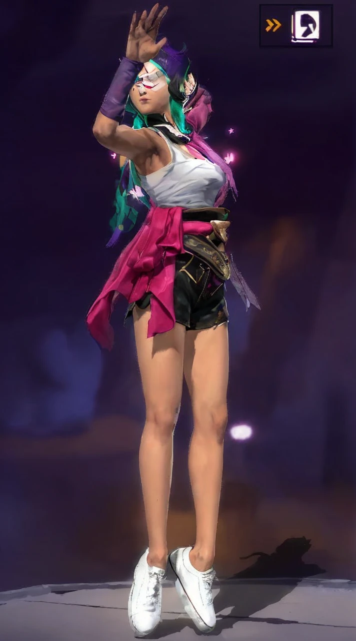 The image shows a character in a fighting game, wearing a white tank top and black shorts. The character has a pink scarf wrapped around their neck.