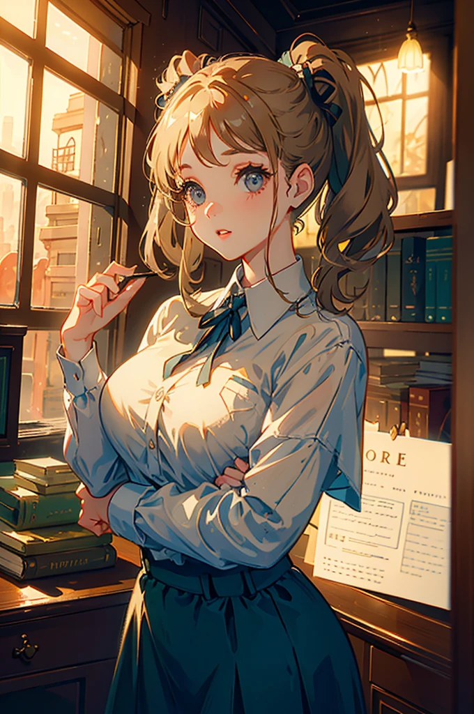 Beautiful girl with two colored beige ponytails, soft expression, vintage/library background/workplace, lighting, detailed, beautiful