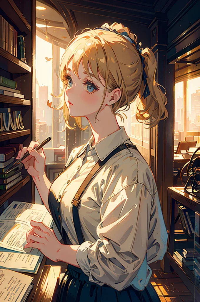 Beautiful girl with two colored beige ponytails, soft expression, vintage/library background/workplace, lighting, detailed, beautiful