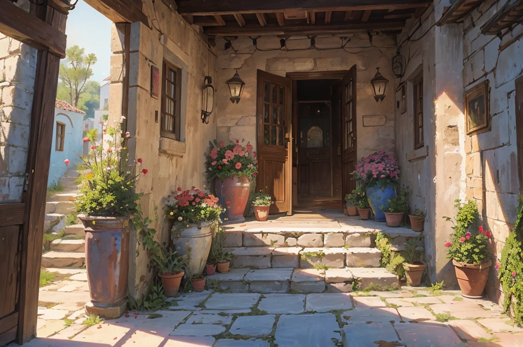 Painting of a beautiful house facade decorated with lots of roses,Pink and half glass door, stone path,Small steps to the door, hanging door lamp, Sunlit image,Flowers, Beautiful Art UHD 4K, Beautiful artwork illustration, Beautiful digital painting, Highly detailed digital painting, Beautiful digital art, A bustling magical town, Mediterranean fishing village, Mediterranean cities, Detailed painting 4k, ancient mediterranean village, Highly detailed digital painting, Rich, picturesque colors, Gorgeous digital painting