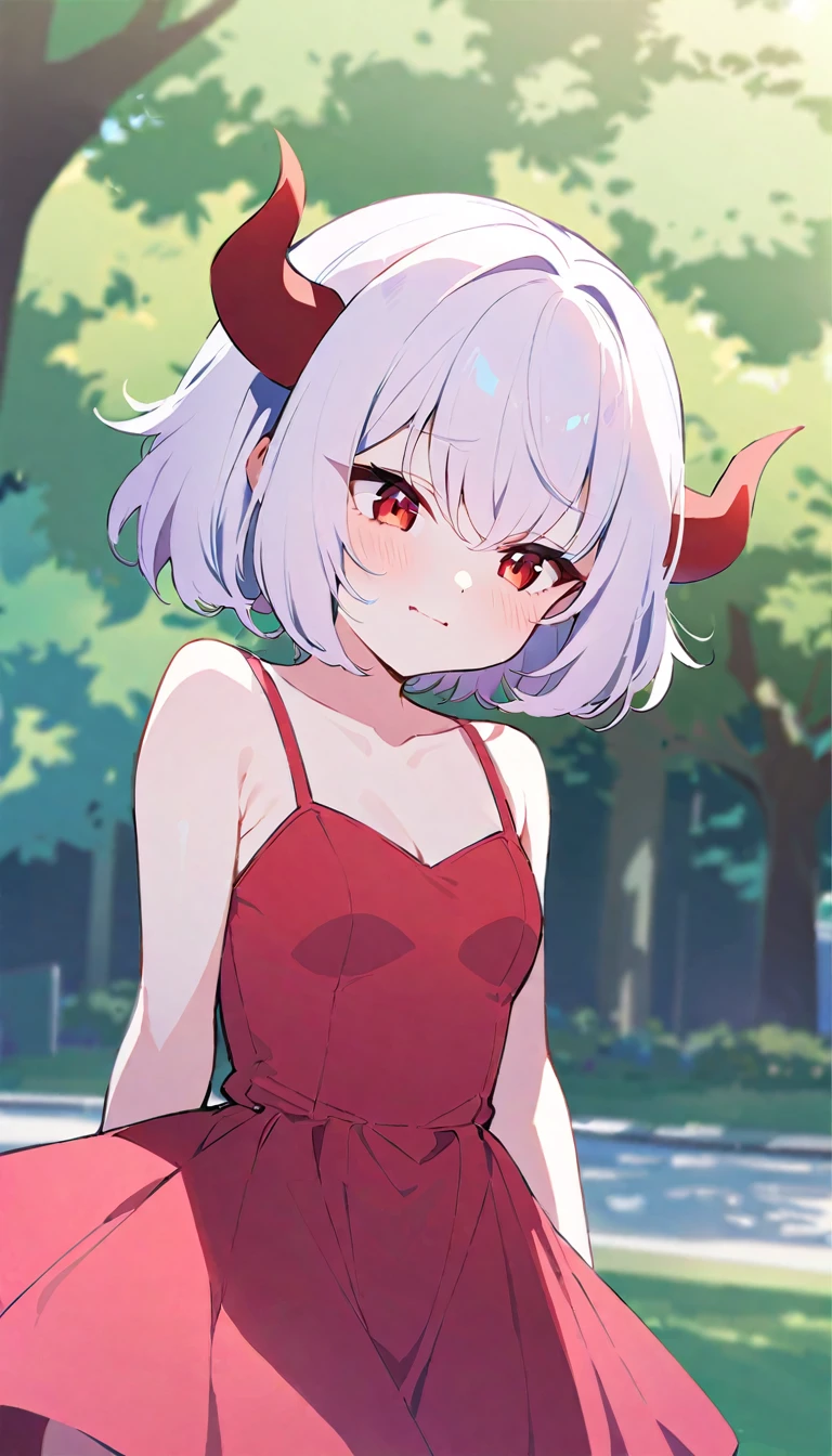 Teenage girl, devil girl, small red horns, white hair, short fluffy hair, big red eyes, pale skin, blushing cheeks, in a , red dress, in the park