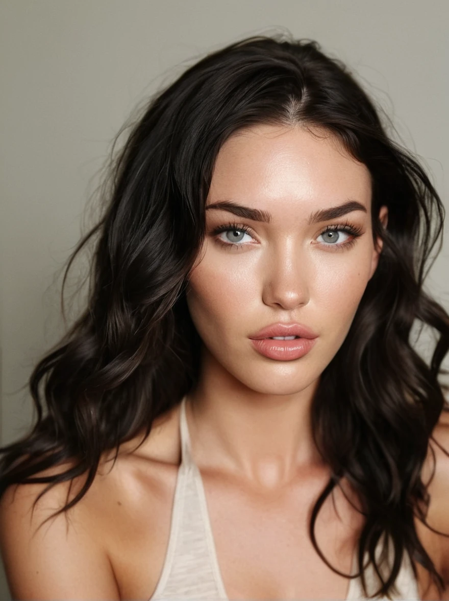 a realistic instagram photo of a [ really beautiful exotic androgynous supermodel 19 year old woman] , with [long, dark hair, short beachy waves hair style ] , looks like [Megan FOX] and [Adriana Lima], light makeup, looking [innocent, cute, flushed] , neutral background [light] skin --ar 9:16 --stylize 750 --v 6
