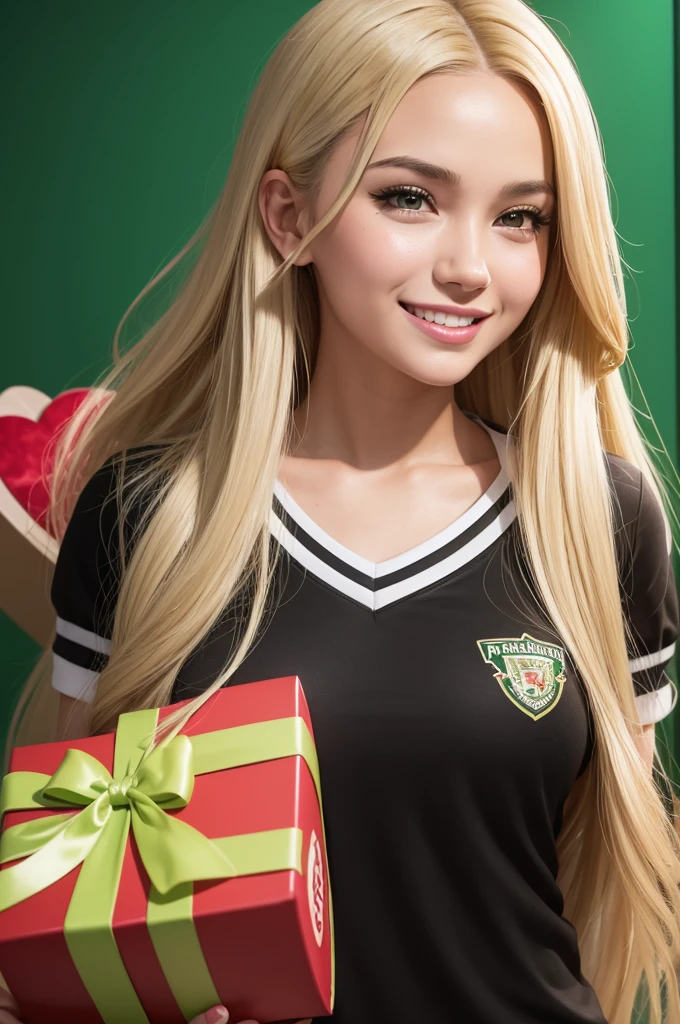 create an image of a woman with an appearance of 18-25 years old, long straight blonde hair, heavy hair, white and tanned skin, brown eyes, wearing a black cheerleader uniform with a V-neck, written "Rivercats" in green, smiling expression. She is holding a red gift box. Delicately outlined, in a digital illustration style inspired by the GTA V loading screens, with low lighting. Suspenseful atmosphere. Green university locker background with cute stickers of star, trophy, balls, hearts, letters