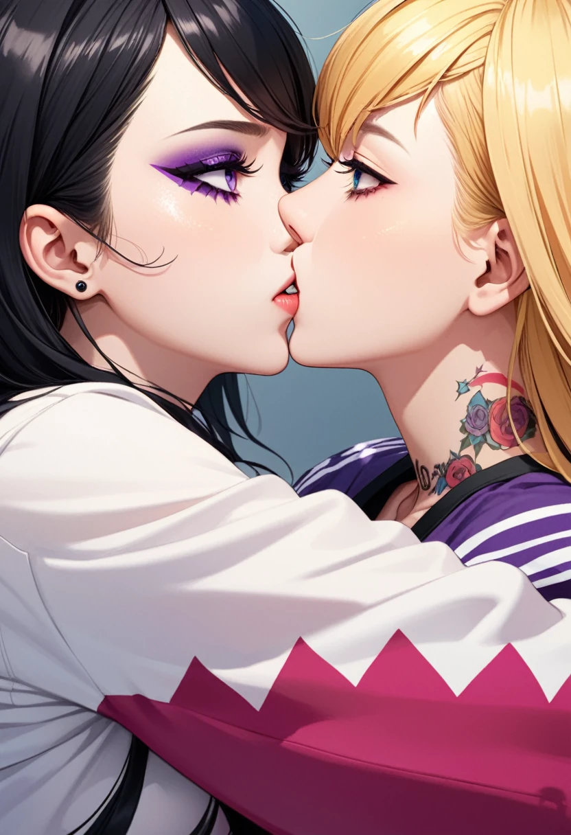 detailed illustration (side view),dynamic angle, ultra-detailed, illustration, close-up, 2girls, lesbian kiss, blonde hair, black hair, cheerleader, goth, blue eyes, purple eyes, tattoos, sitting on bed, bedroom