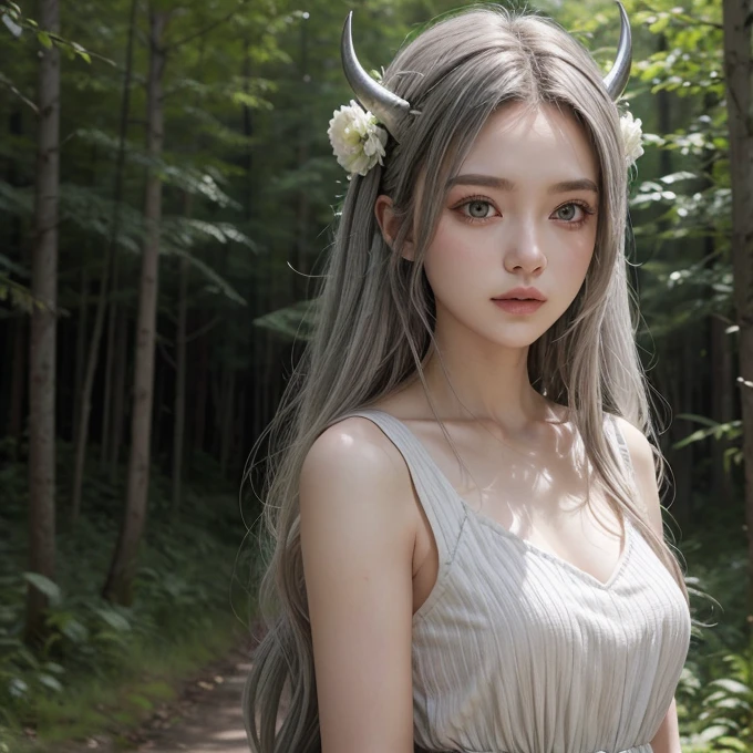 Woman, long gray hair, long horns, white dress, in a Forest 