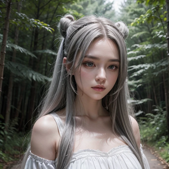 Woman, long gray hair, long horns, white dress, in a Forest 