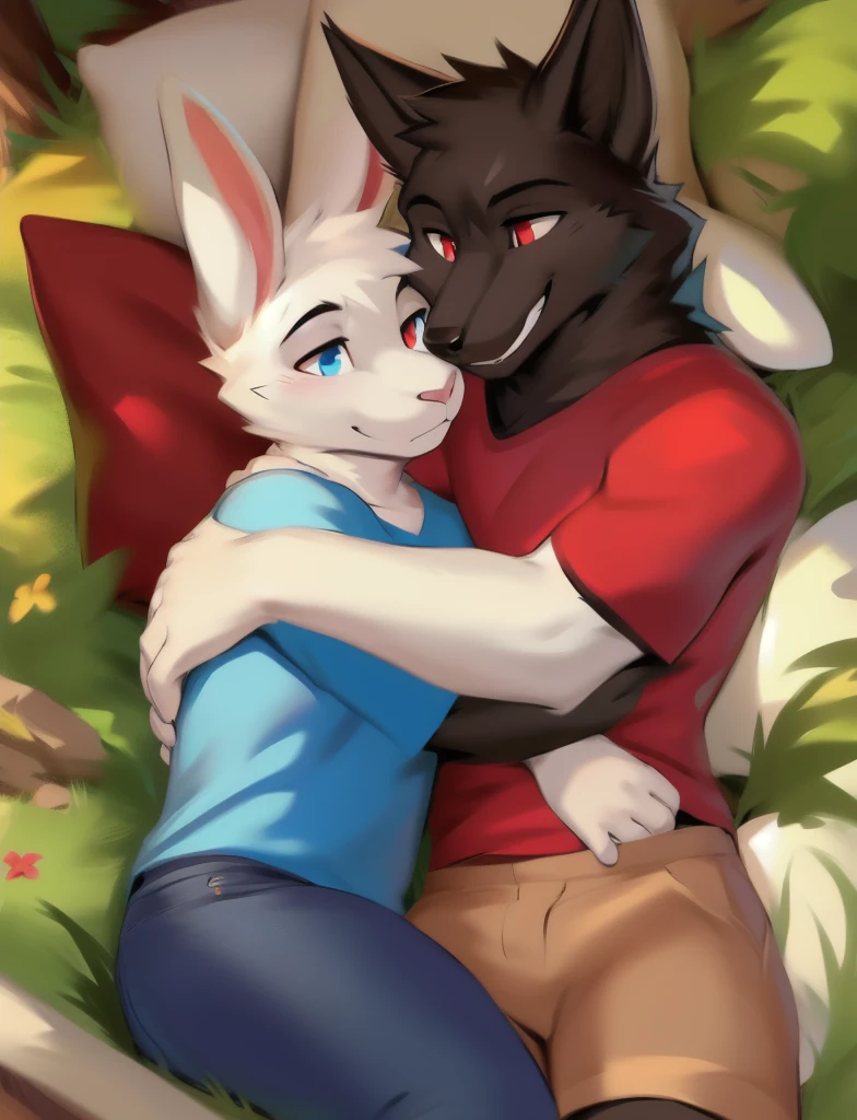 White rabbit with blue eyes wearing blue tshirt and khaki shorts cuddling with black wolf with red eyes wearing white tshirt and jeans, detailed, detailed background, by zackary911, by chunie, duo, love, accurate anatomy, correct anatomy