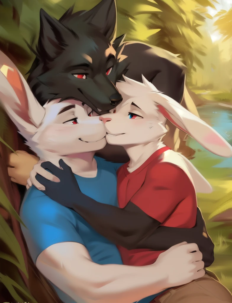 White rabbit with blue eyes wearing blue tshirt and khaki shorts cuddling with black wolf with red eyes wearing white tshirt and jeans, detailed, detailed background, by zackary911, by chunie, duo, love, accurate anatomy, correct anatomy