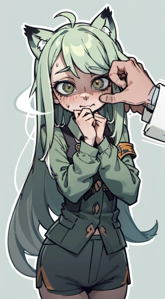 Shy, scared, baggy eyes, light green background, change , very long hair ,detailed hands ,light green hair color, blushing, SWEAT, drops , flushed ,drooping fox ears, , very short shorts , shorts , extremely blushing , whole body ,white long sleeves, dark blue uniform , exhales smoke through the mouth , big hips, sexy body , her hands holding her butt , focus ass , Look at the camera, fearful smile , caen gotas de su cabeza , cabello un poco mas verde , sentada en una cama
