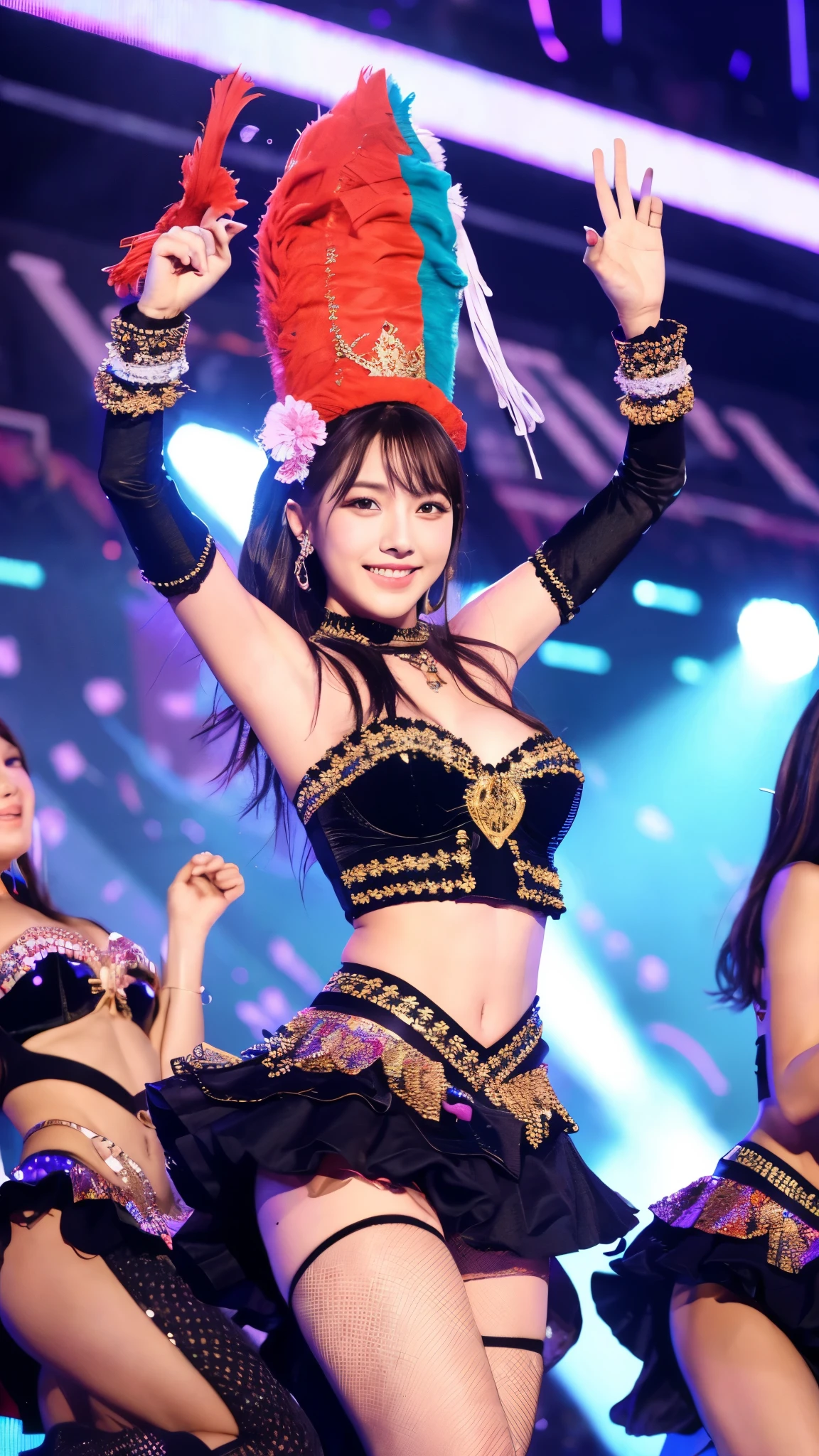 Idols dancing on stage in revealing costumes,Group of 3,Throwing kisses、It&#39;s a Japanese idol group.。