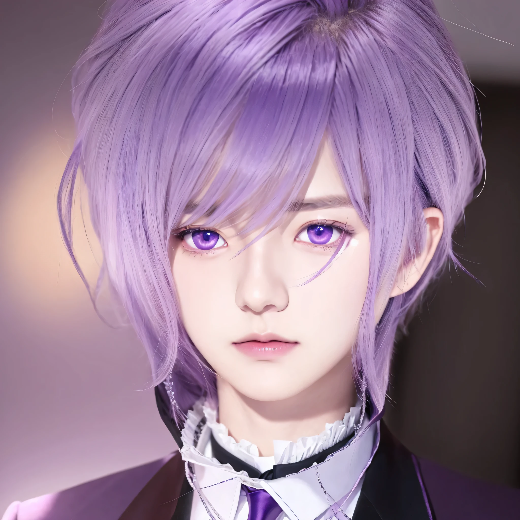 anime boy with purple hair and blue eyes in a suit, kanato sakamaki, diabolik lovers, anime guy with purple eyes, anime handsome man, realistic, ultra details