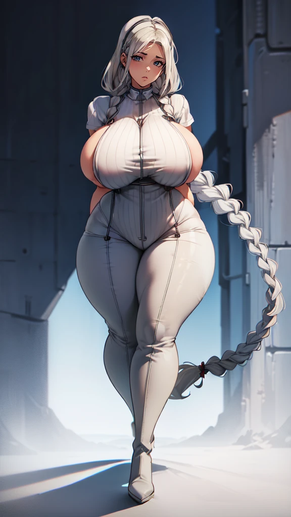 ((blank background)), masterpiece, best quality, silver hair, (curvy:1.7), (massive breast:1.5), ((full body framing)), (long legs:1.6), symmetry, farmer woman, (blue overalls), long boots, belt below navel, lumberjack shirt, (braided hair)