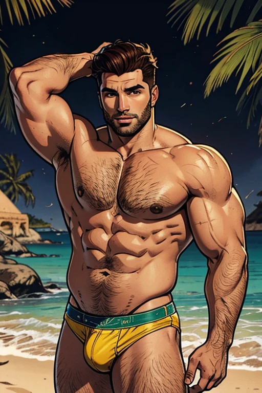Cinematic soft lighting illuminates a handsome Middle Eastern male supermodel, belly, chubby, weight gain, incrivelmente detalhado e ultra-realista, look de praia, ultra short and messy light brown hair, olhos verdes claros, sorriso perfeito cativante, sensual, homem gostoso, incrivelmente bonito, what's trending on ArtStation. Octane is the perfect tool for capturing the softest details of this masterpiece of 16k photography.