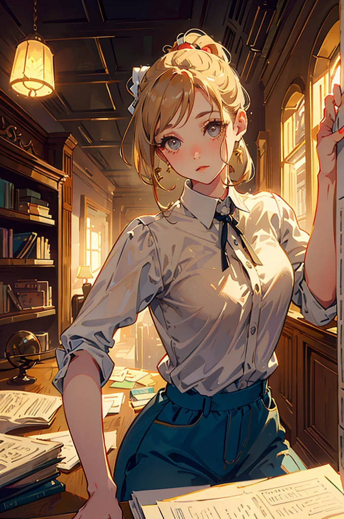 Beautiful girl with two colored beige ponytails, soft expression, vintage/library background/workplace, lighting, detailed, beautiful, dynamic pose