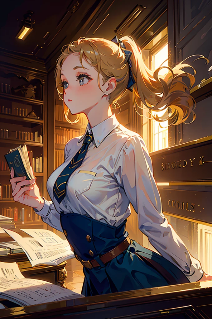 Beautiful girl with two colored beige ponytails, soft expression, vintage/library background/workplace, lighting, detailed, beautiful, dynamic pose