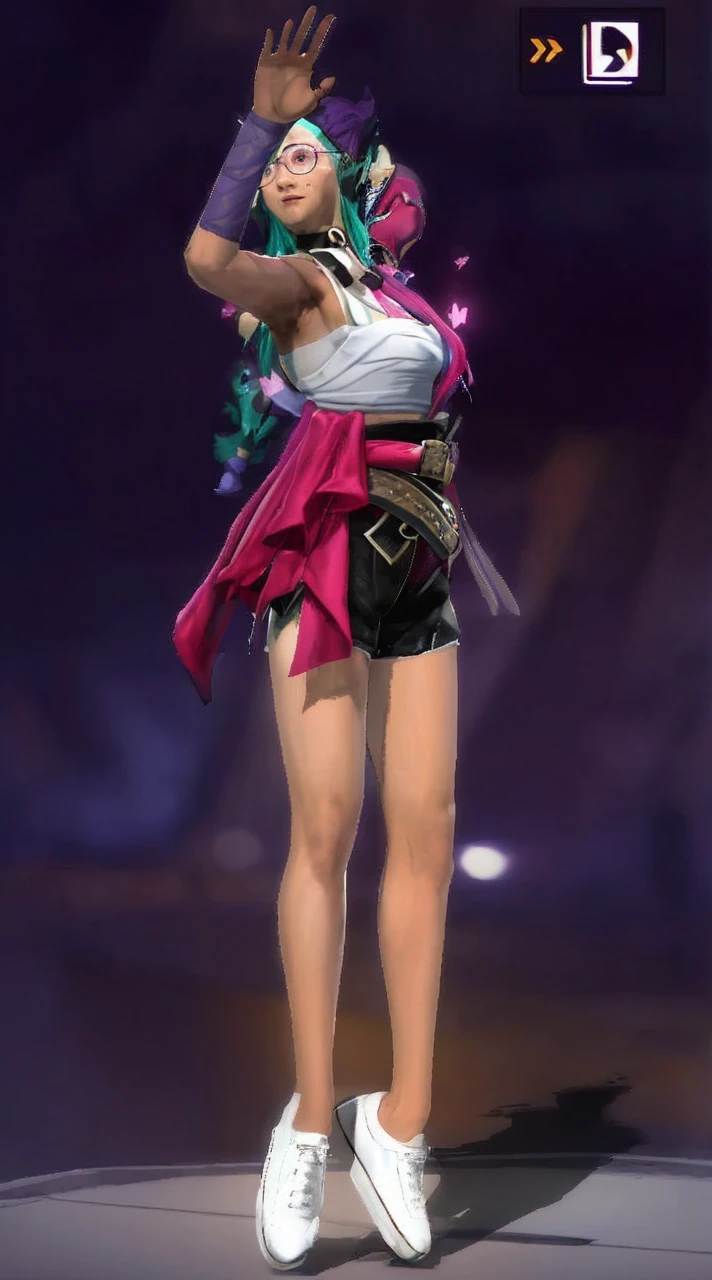 The image shows a character in a fighting game, wearing a white tank top and black shorts. The character has a pink scarf wrapped around their neck.