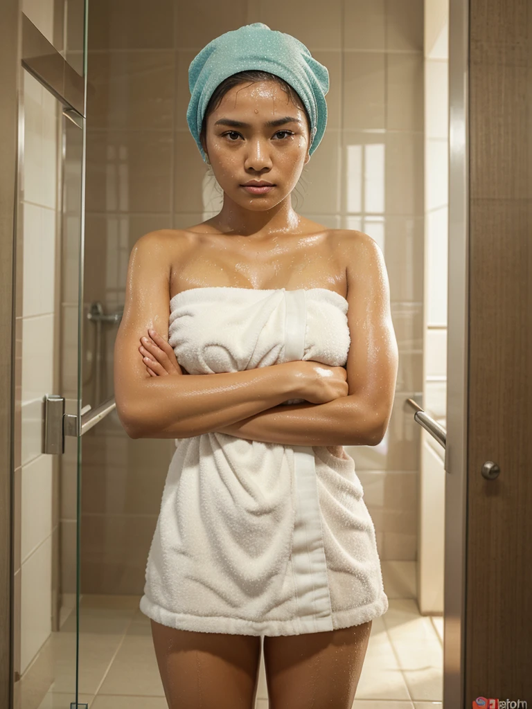 Create a highly detailed photorealistic image of a beautiful Indonesian woman holding a towel around her body with her arms crossed in front of her. He was wearing a shower cap and had a shocked and embarrassed expression on his face. In the background, there is an open door where a handsome Indonesian man is standing with a surprised expression, hdr+