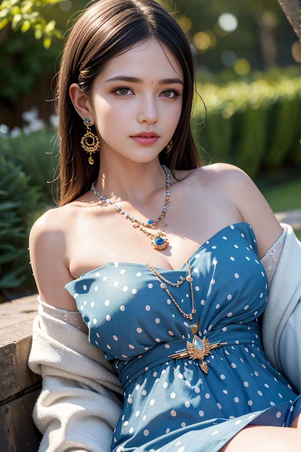 best quality, masterpiece, 1girl, (polka dot dress), (indigo dress), hair ornament, necklace, (jewellery:1.8), Beautiful face, small breasts, tyndall effect, photorealistic, rim lighting, two tone lighting, (high detailed skin:1.2), dslr, (spreading light:1.5) soft lighting, high quality, volumetric lighting, candid, in the garden, Photograph, high resolution, 4k, 8k, Bokeh, sitting,