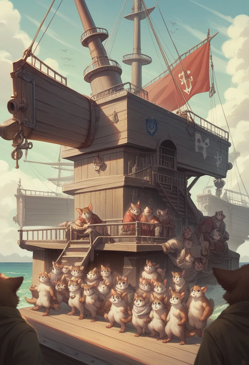 top quality, best quality, High-quality illustrations, masterpiece, super high resolution, detailed background, Hospitals with power outages, Spooky creatures, Pirate Ship, a pirate, 6+boys, 6+girls, absurdres(highly detailed beautiful face and eyes)perfect anatomy, expression, good lighting, cinematic shadow(kemono, furry anthro),
