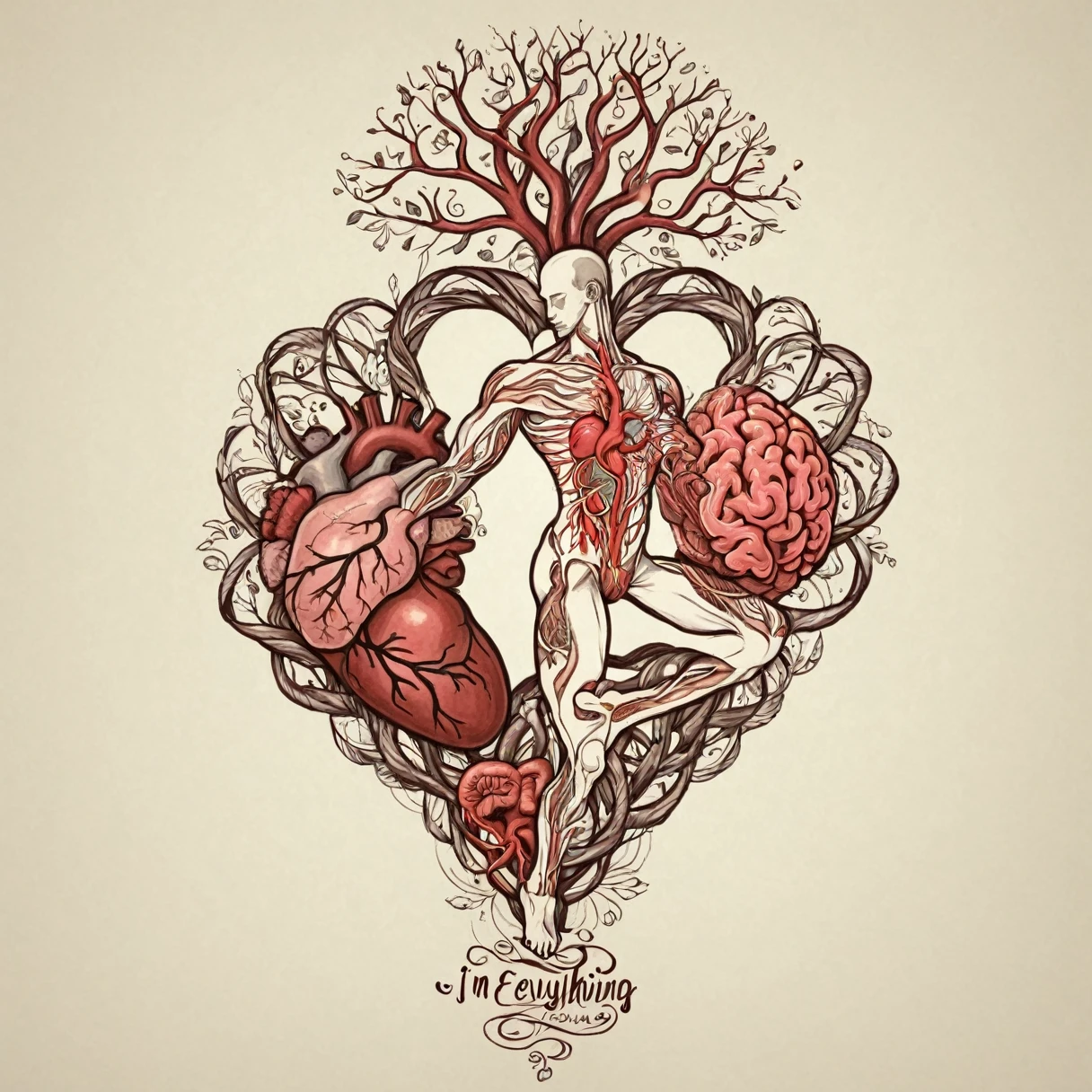 Draw a tattoo design featuring a human figure in a yoga pose, with an anatomical heart and brain floating alongside the body. A frase 'I'm doing everything I can' pode ser escrita em uma espiral ao redor da figura, symbolizing effort, balance and harmony, with subtle and elegant features." color art