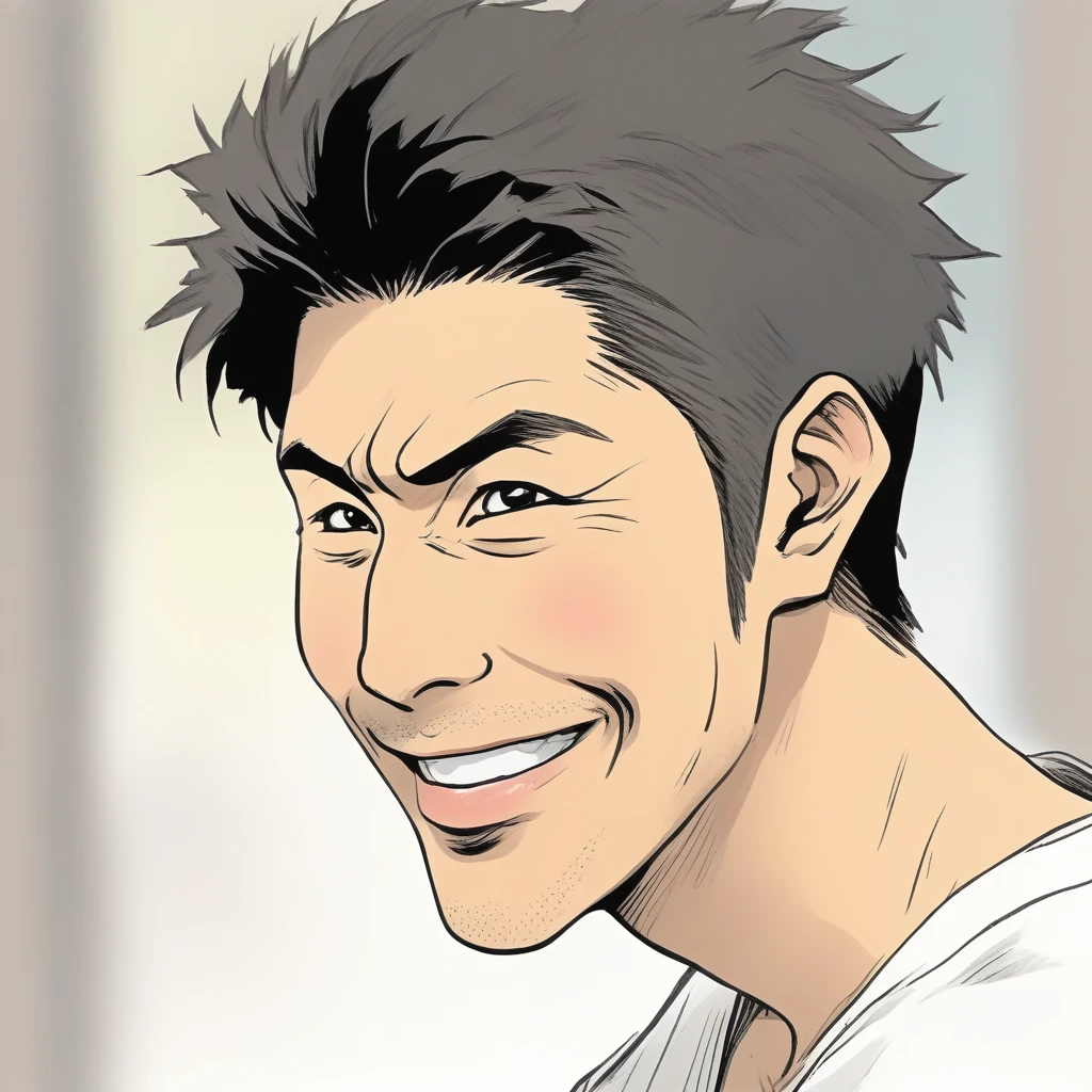 A close-up portrait, in a hand-drawn style, of a Japanese man in his early 30s with short hair, wearing a white T-shirt and black pants. He has a friendly and approachable smile with slightly raised corners of his mouth, and kind, intelligent eyes. The background is blurred to emphasize the person.  The overall impression should be trustworthy and approachable, depicting an attractive man who people would want to follow.