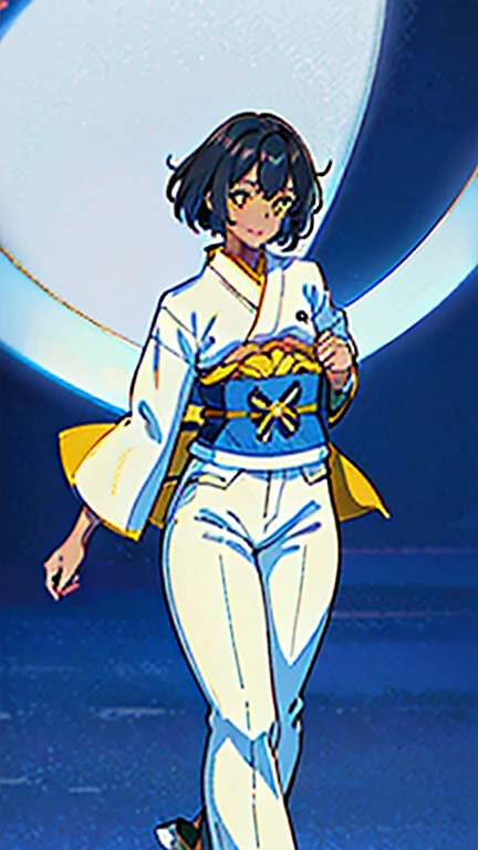 masterpiece, best quality, ((dark skin)), short hair, yellow eyes, black hair, beautiful girl smiling, thin, full body, tall girl, ((white fighter kimono with blue belt and white pants)), ((kawaii)), ((cute)), (small-breasts:0.5), ((short chest)), ((big butt)), ((wide thigh)), fighting pose, fight academy background, (Ultra High Resolution: 1.2), (RAW Photo: 1.2)