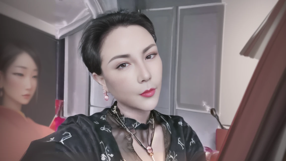 A woman wearing a necklace and earrings poses for a photo, Inspired by Yao Tingmei, 8k selfie photo, Inspired by Wang Meng, Inspired by Xie Huan, Inspired by Tang Yifen, By Zheng Xuan (Jeong Seon) of inspiration, Inspired by Minjin, inspired by Yanjun Cheng, Inspired by Gao Qipei, Wearing professional makeup, Inspired by Gao Cen