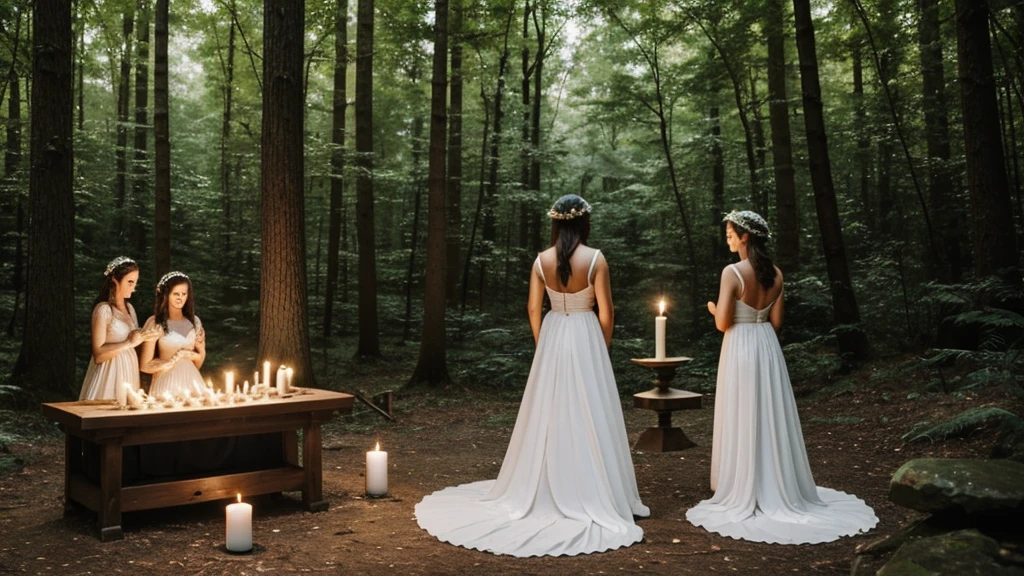 Summer solstice,Three goddesses in the forest,white dress dancing,Back,altar,mystery,alchemy,candle