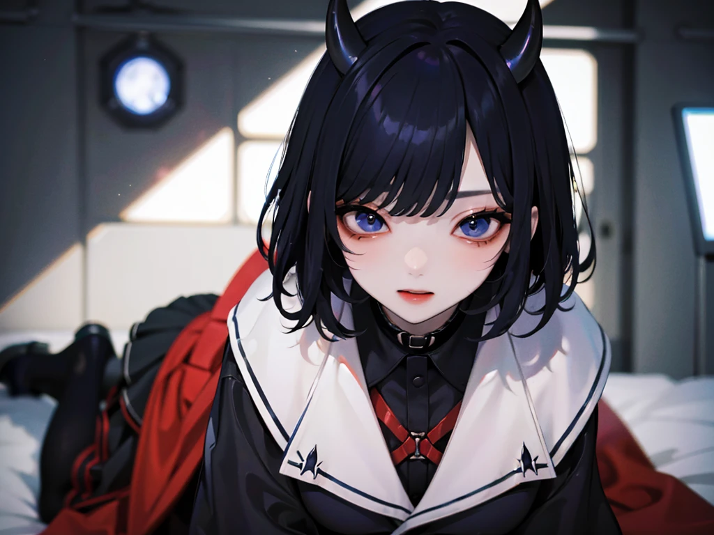 (8K、Best image quality、Highest quality、masterpiece)、Detailed face、((One ))、blackhair、前hair、Bright Blue Eyes、smile、score_9, score_8_superior, score_7_superior, score_6_superior, sauce_anime, masterpieceを破る, Highest quality,(woman\(student, 15 years old, JK, short hair, 銀hair, 浮かぶhair, Space-colored eyes, black色のセーラー服\(Of high school\), Pale skin, Hindenburg_\(Azur Lane\), red_hair, Devil horns, long hair,just_shoulder, Underbust_cut out, skirt, pantyhose,black_gloves,Devil's Wings, A girl is sitting on the throne,boot,Crossing your legs,, masterpiece, Highest quality, High Contrast,