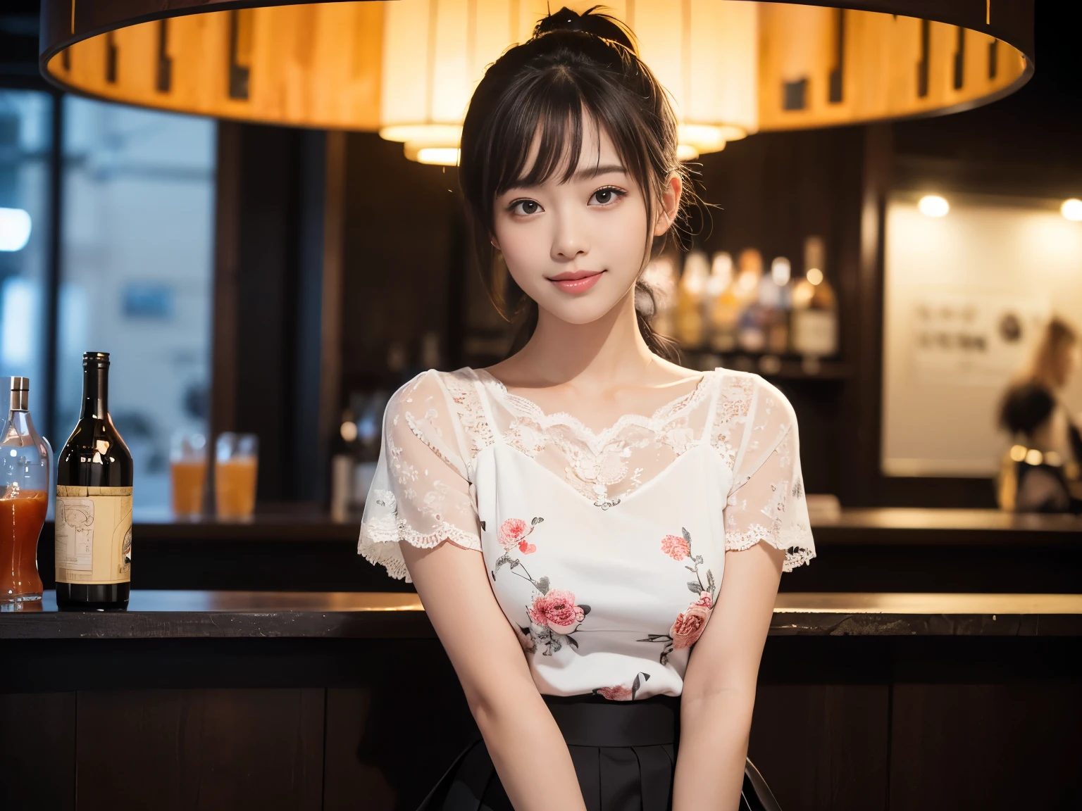 (Highest quality, masterpiece, Ultra-high resolution, 8K, RAW Photos, Realistic, Anatomically correct:1.5), (Stainless steel round bar fence:1.0, Put your elbow on the fence:1.2, high school girl、20-year-old girl:1.2, Embarrassing, avert your eyes, blush:1.0, View Viewer, ((bar)) 、Night view、 Light:1.2, Bokeh, Cinema Lighting:1.0, Depth of written boundary, sharp、 Cute face、Idol、Black short sleeve lace top、Black pleated skirt、Black clothing、”dwarf”、(Floral clothes)、Full Body Shot、Cowboy Shot、 smile、(Ultra short hair、Short ponytail)、(Straight bangs)、((See-through))、(( One Girl))