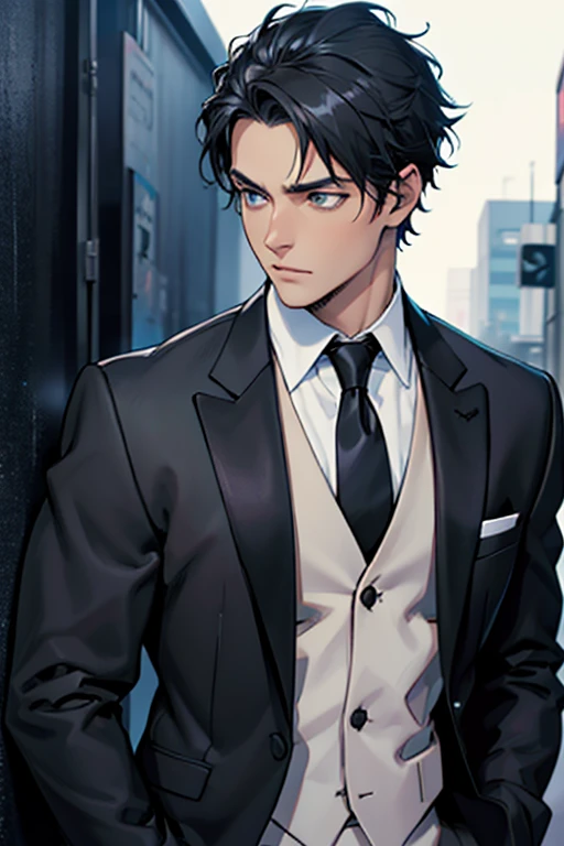 A handsome guy wearing black tuxedo, black suit, blue eyes, black short hair, no expression, sexy pose, looking away, party background