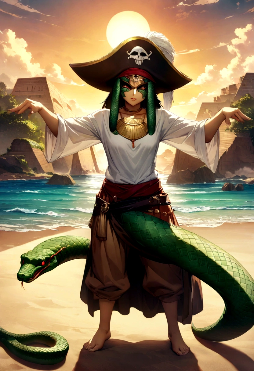 (((serpent face))) best quality, very high resolution, 4K detailed CG, masterpiece, pirate hat, loose shirt, Sam Avenier, snake, sun in the background, Ancient Egypt, standing pose, serpentine face, pirate clothing, ((serpent face), beach background, aesthetics, beautiful image, centered on screen, standing pose