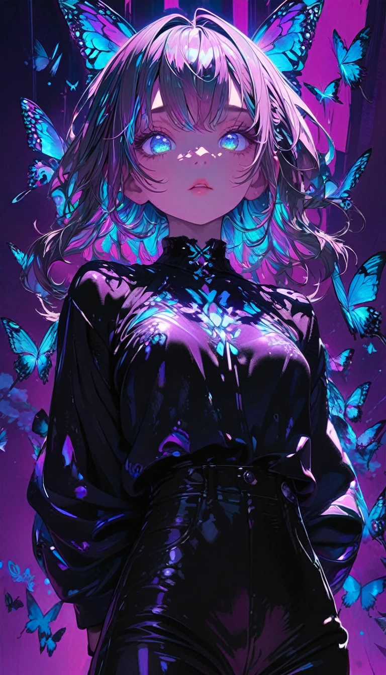 (((masterpiece, best quality, illustration, extremely detailed, 8k, 4k, 2k))), (1girl),skeleton style, lora more_details 1 , ((glow hair, multicolored hair)), ((Iridescent Hair)), (rib cage), ((teal neon light)), ((hands behind back)), (black jacket), (((purple retro background))), (looking at viewer), (black pants), ((butterflies)), (looking at viewer), (upper body)
