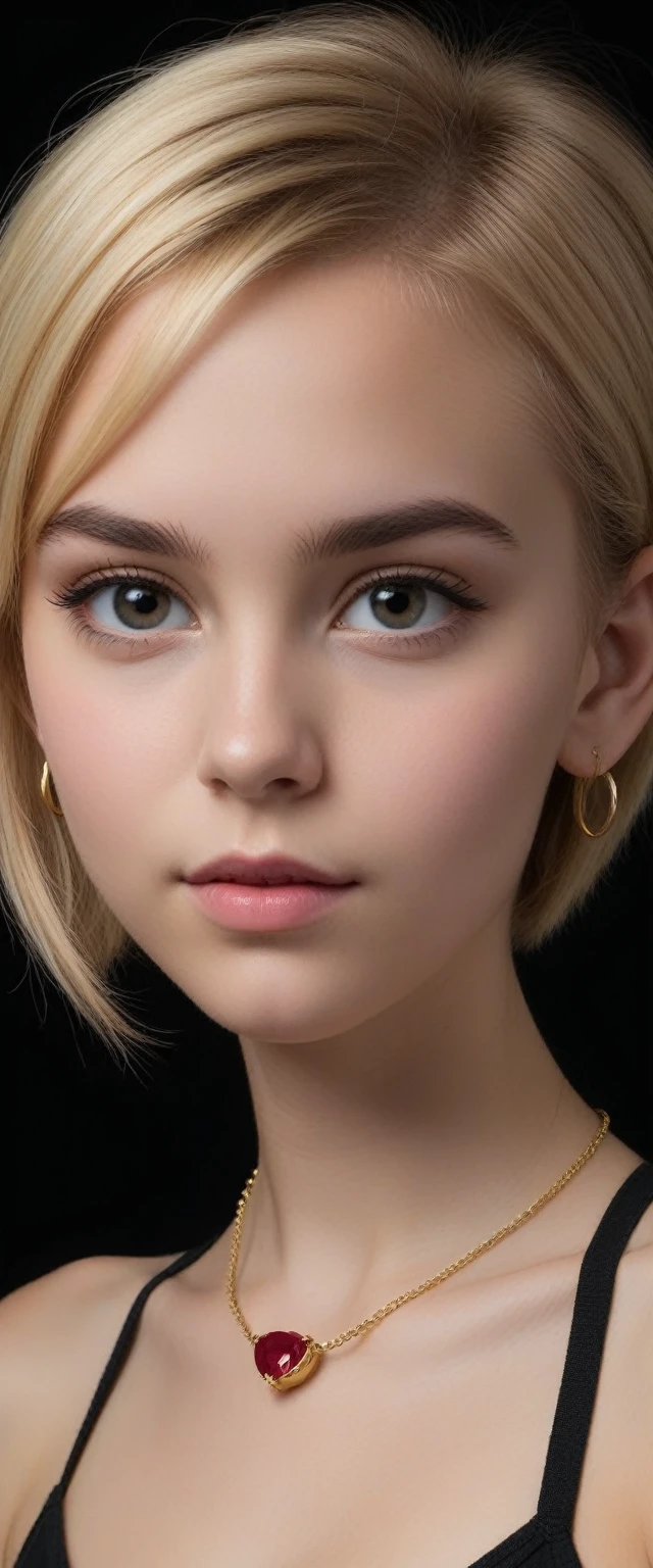 An extremely tiny, thin, petitie, extremely young-looking, age female, with an extremely stacked body, extremely huge breasts, pixie-cut blonde hair, Braces, 12 ayears large hoop earrings, necklace with ruby pendant, completely naked, pitch black background, corpo inteiro, corpo inteiro, malhado, pernas grossas, cintura fina, baixinha,extremamente pequena
