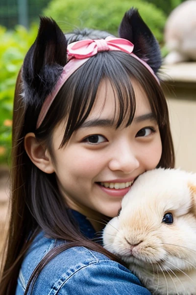 Super sexy and super cute Japanese girl。At the zoo、A girl surrounded by lots of cute Holland Lop ear rabbits、Japanese serow、A smiling girl frolicking with endangered species such as the ロップイヤーの垂れた耳