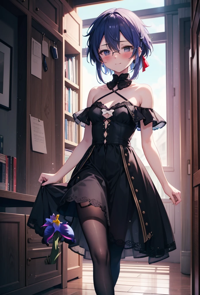 chino asada, Shino Asada, (Iris:1.5), Black Hair, Hair between the eyes, hair ribbon, short hair, Side Lock, Glasses, (Small breasts:1.2),happy smile, smile, Open your mouth,blush,Cold shoulder tops,Short sleeve,Long skirt,Black pantyhose,Stiletto heels,Walking,whole bodyがイラストに入るように,
break looking at viewer,whole body,
break outdoors, Building district,
break (masterpiece:1.2), Highest quality, High resolution, unity 8k wallpaper, (figure:0.8), (Beautiful attention to detail:1.6), Highly detailed face, Perfect lighting, Highly detailed CG, (Perfect hands, Perfect Anatomy),