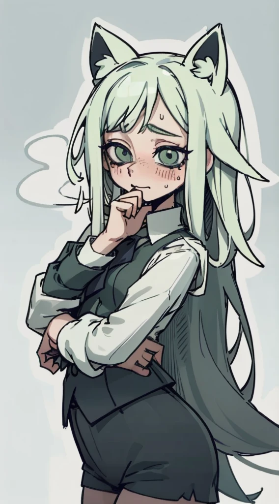 Shy, scared, baggy eyes, light green background, change , very long hair ,detailed hands ,light green hair color, blushing, SWEAT, drops , flushed ,drooping fox ears, , very short shorts , shorts , extremely blushing , whole body ,white long sleeves, dark blue uniform , exhales smoke through the mouth , big hips, sexy body , her hands holding her butt , focus ass , Look at the camera, fearful smile , caen gotas de su cabeza , cabello un poco mas verde , sentada en una cama , gran trasero , cola en llamas , cola azul