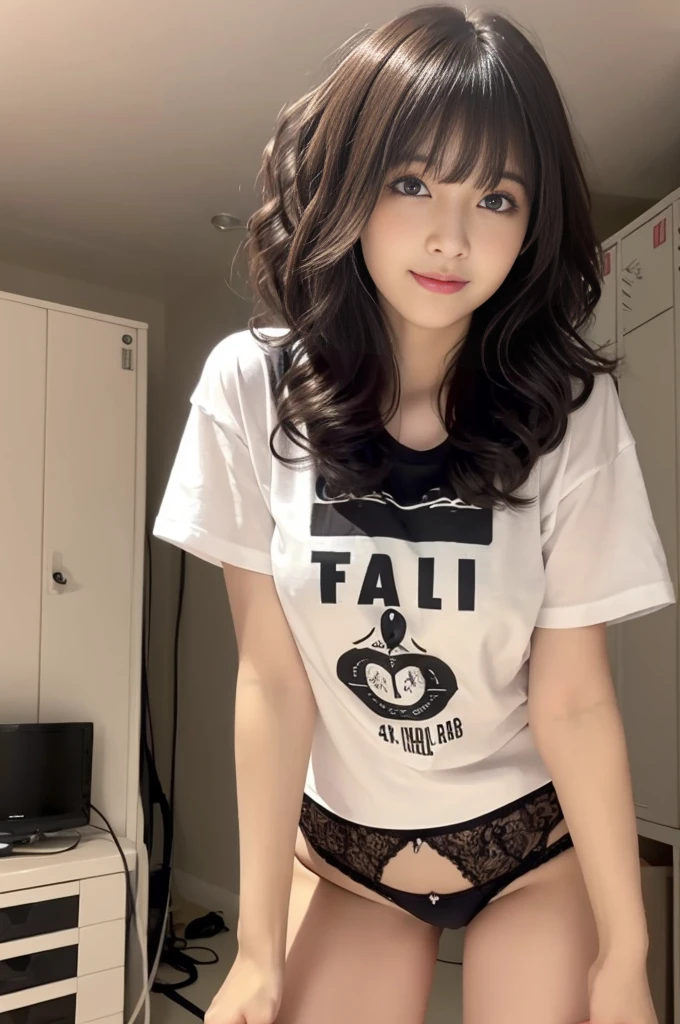 locker room,(highest quality, Very detailed, masterpiece:1.2), 1 female, very thin body, Long, slender legs, ((Black wavy Short Hair:1.2)), ((Thick and fluffy bangs)), Very detailedな顔,faint smile, Small, thin nose, small thin mouth, Extremely sharply focused eyes, Japanese, Beautiful Face, Realistic eyes, Beautiful and beautiful eyes, Realistic Skin, Beautiful Skin, charm, (A vivid face), Beautiful Hairstyles,In underwear,(T-Shirts,panties panty pull)