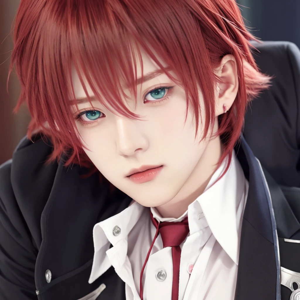 anime boy with red hair and blue eyes in a suit, ayato sakamaki, diabolik lovers, anime guy with green eyes, anime handsome man, realistic, ultra details