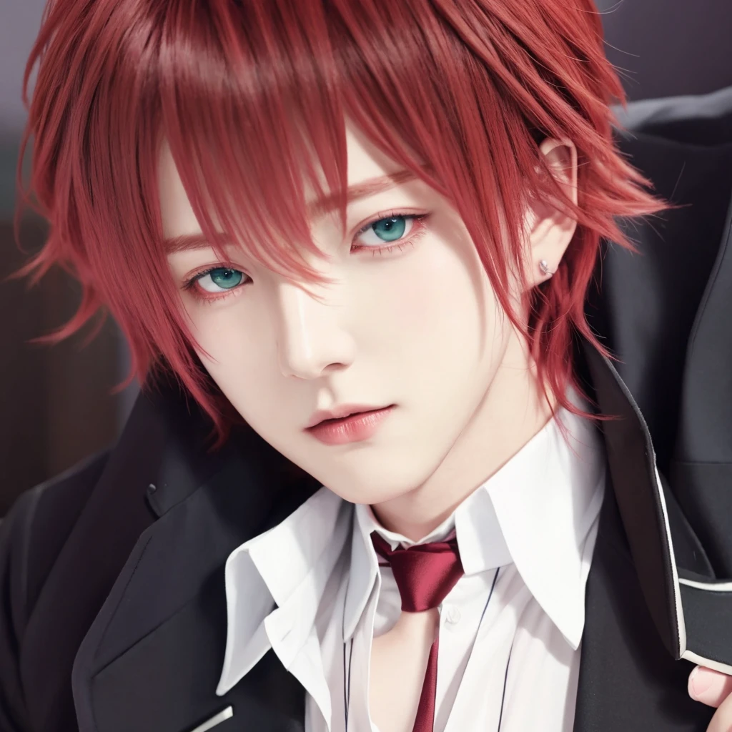anime boy with red hair and blue eyes in a suit, ayato sakamaki, diabolik lovers, anime guy with green eyes, anime handsome man, realistic, ultra details